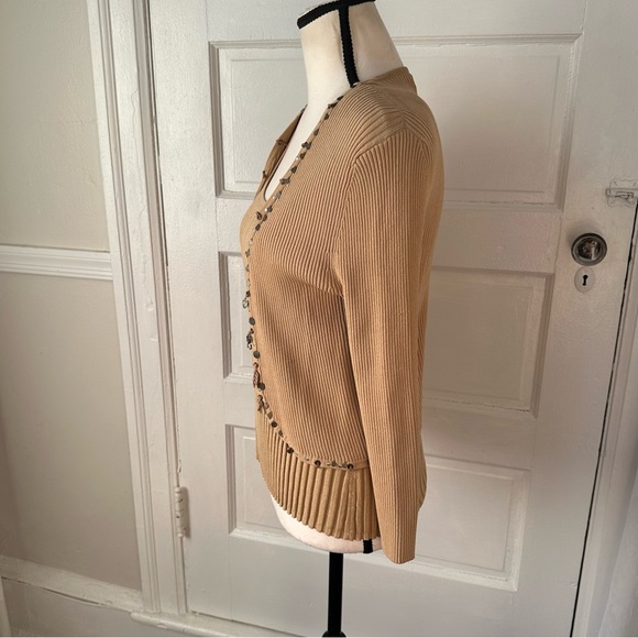 Cable & Gauge Ribbed Knit Cardigan Sweater Silk Matching Top Neutral Minimalist - Picture 5 of 17